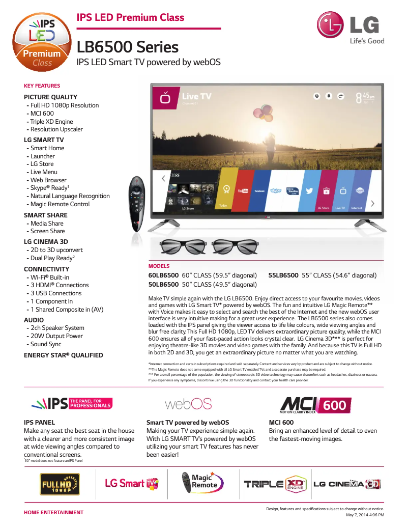 Página 1 del manual Ficha técnica LG 55LB6500