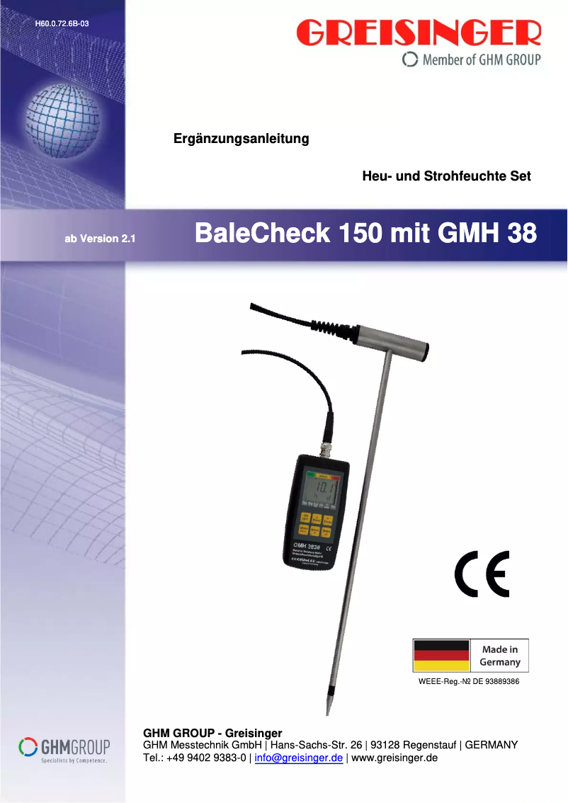 Page 1 de la notice Manuel utilisateur Greisinger BaleCheck 150