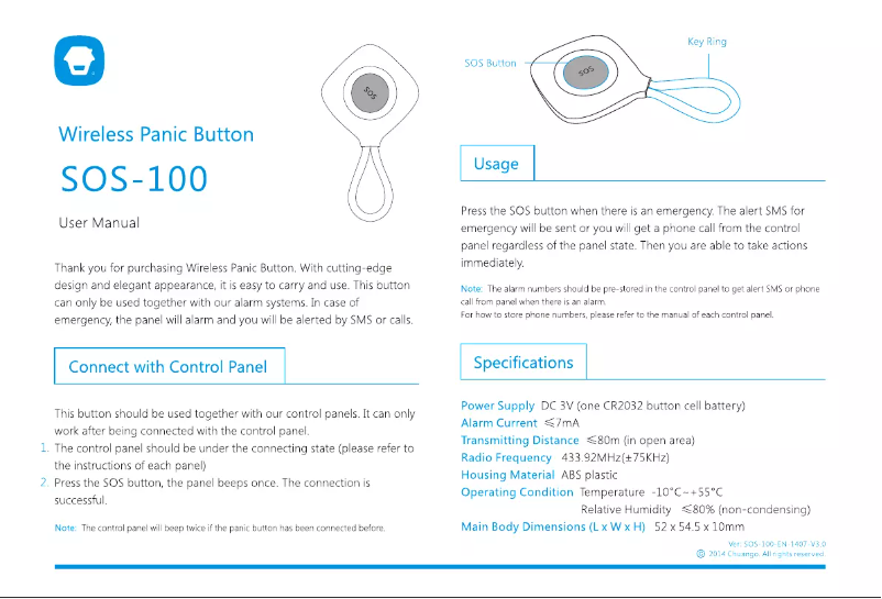 Page 1 de la notice Manuel utilisateur Chuango SOS-100