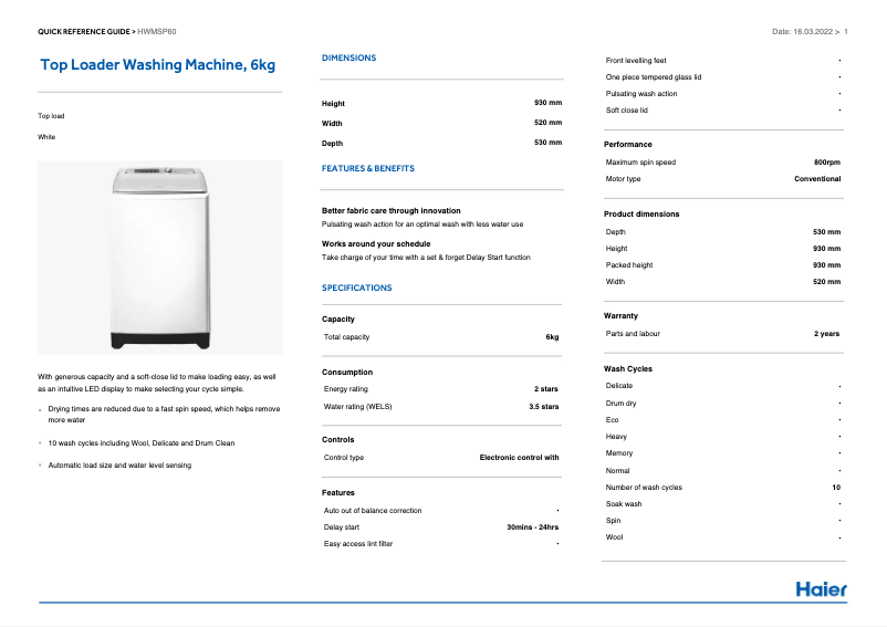 Page 1 de la notice Guide d'installation Haier HWMSP60