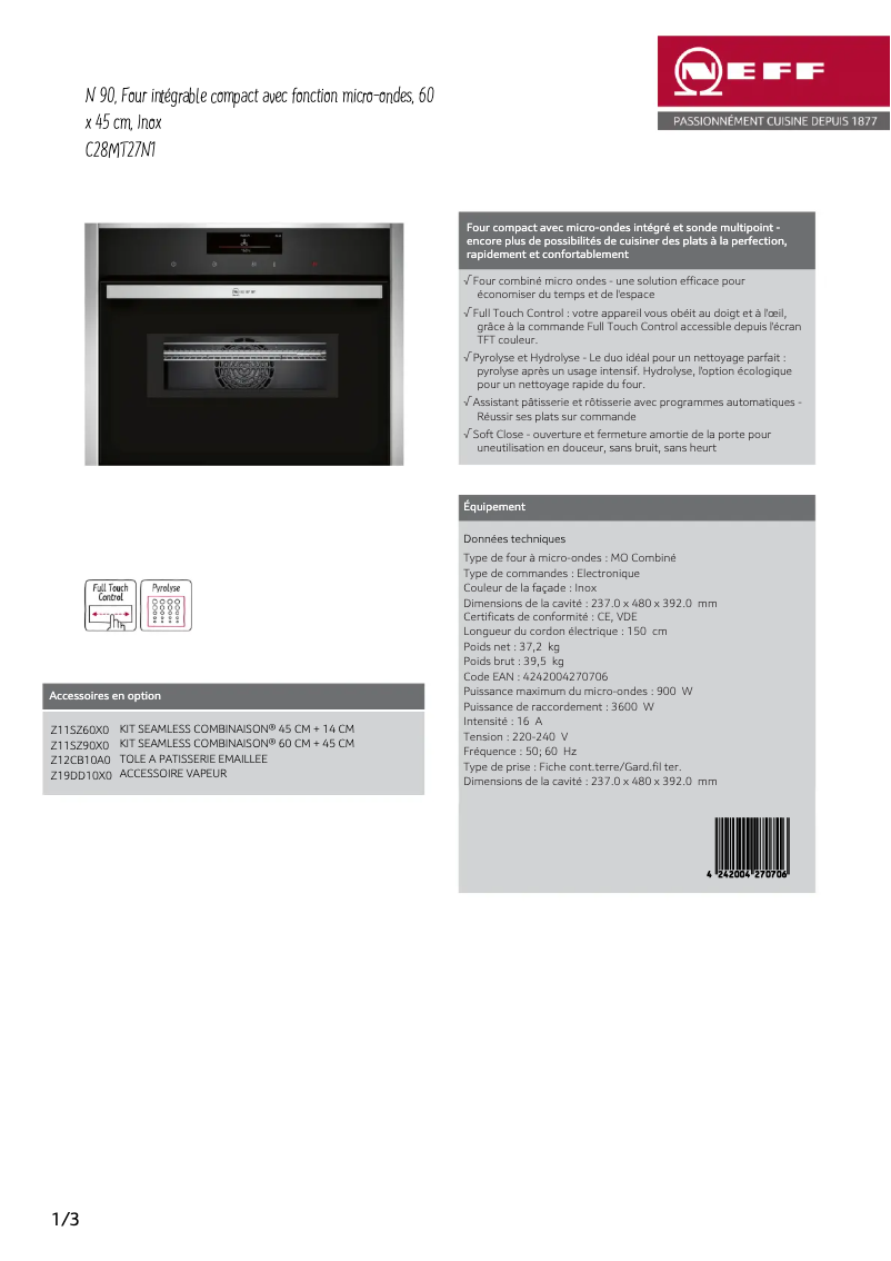 Page 1 de la notice Fiche technique Neff C28MT27N1