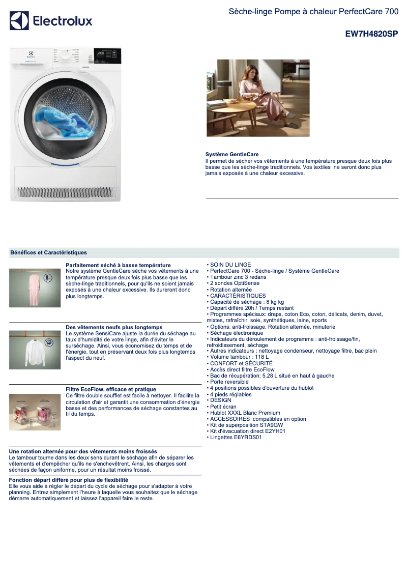 Page n°1 - Fiche technique Electrolux EW7H4820SP