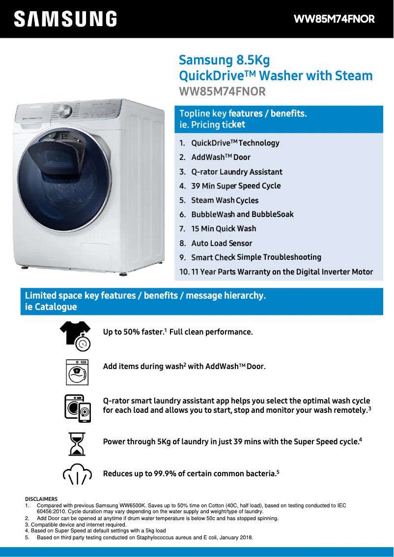 Page n°1 - Fiche technique Samsung WW85M74FNOR