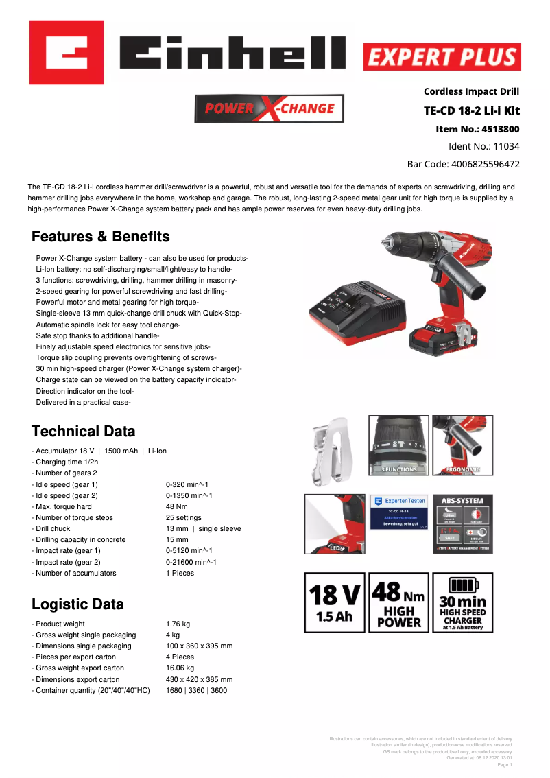 Page 1 de la notice Fiche technique Einhell TE-CD 18-2 Li-i Kit