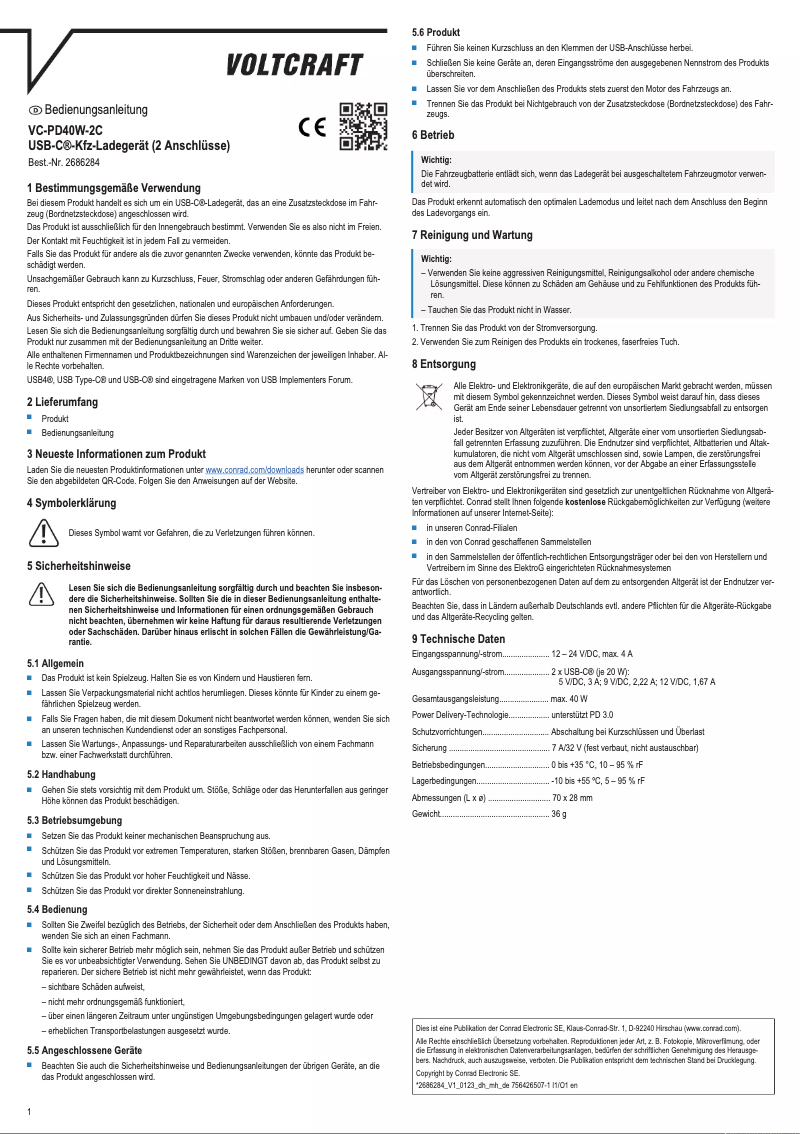 Page 1 de la notice Manuel utilisateur Voltcraft VC-PD40W-2C