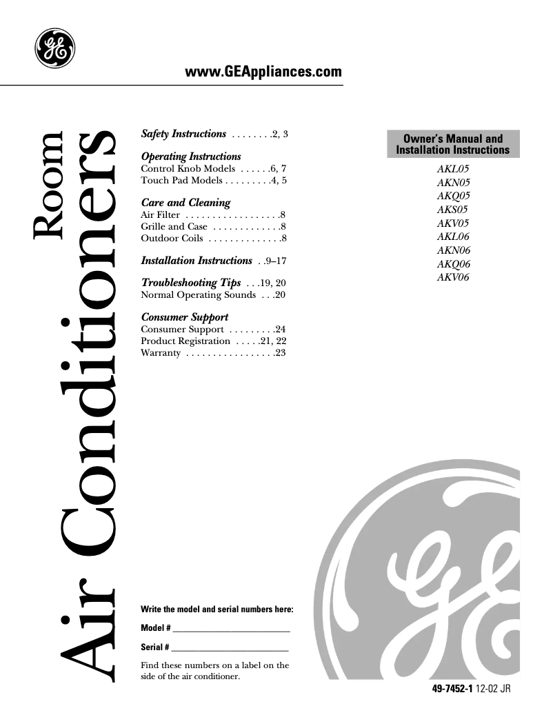 Page 1 de la notice Manuel d'utilisation et d'entretien GE AKL08FA