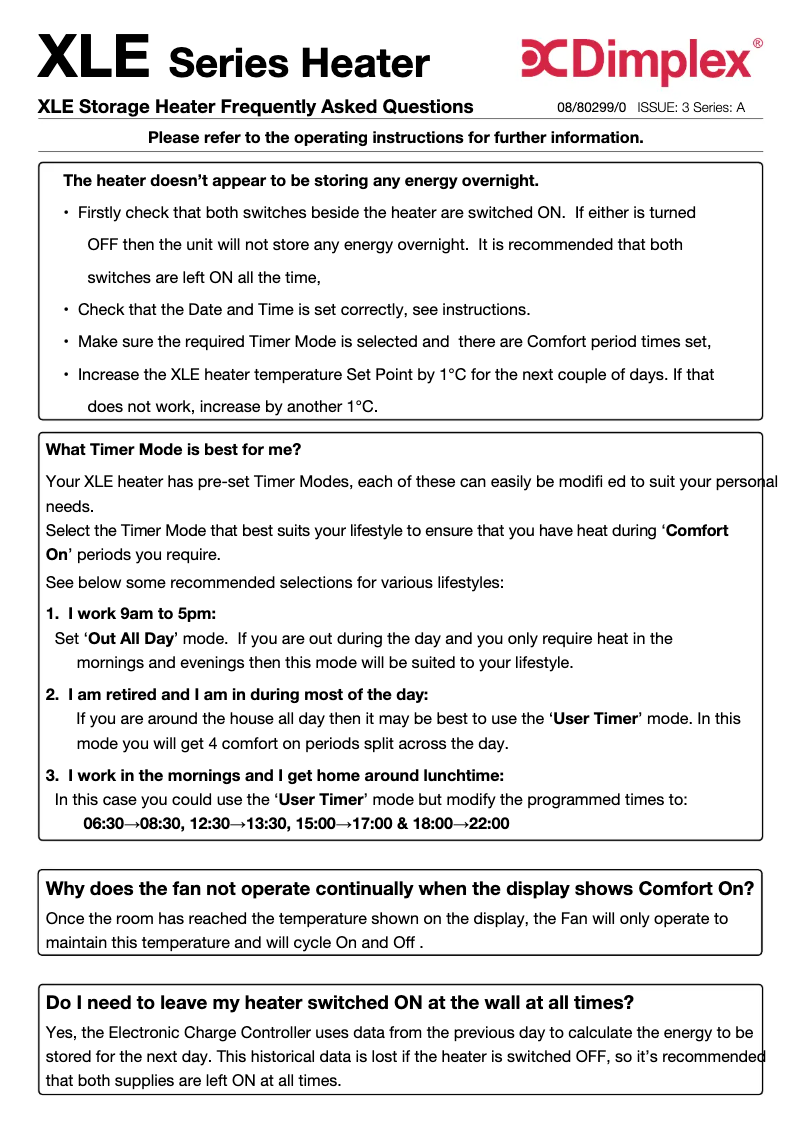 Página 1 del manual Ficha técnica Dimplex XLE100