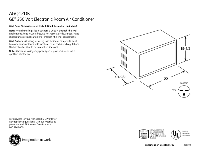 Page 1 de la notice Fiche technique GE AGQ12DK