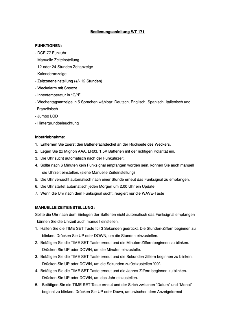 Image de la première page du manuel de l'appareil WT 171