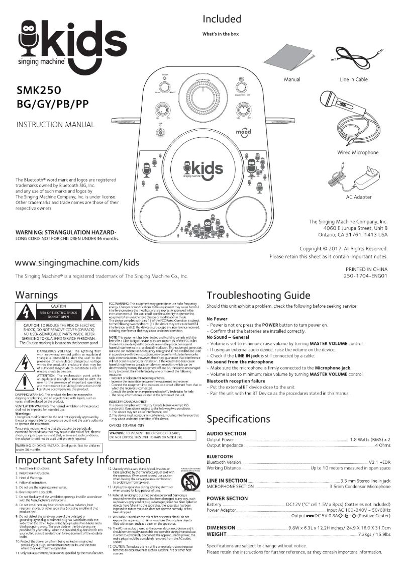 Page 1 de la notice Manuel utilisateur Singing Machine Kids SMK250