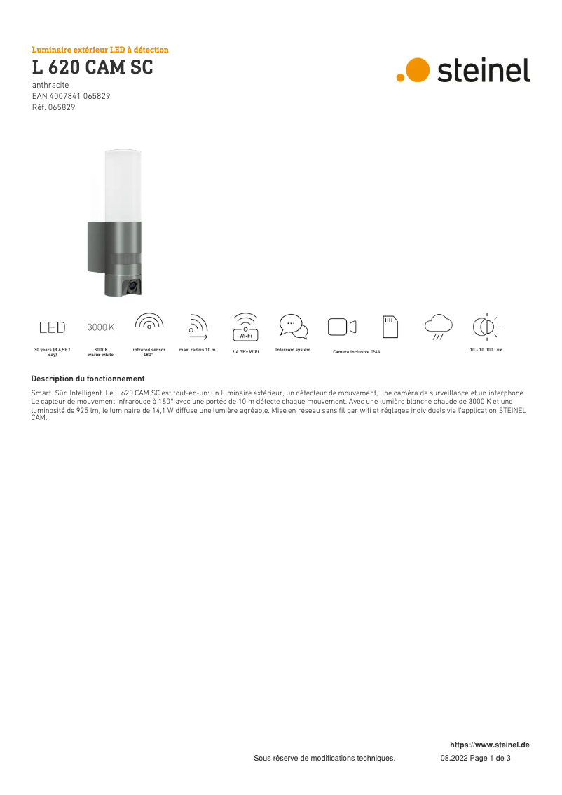 Page 1 de la notice Fiche technique Steinel L 620 CAM SC
