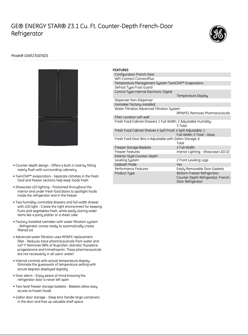 Page 1 of the manual Technical Sheet GE GWE23NDS
