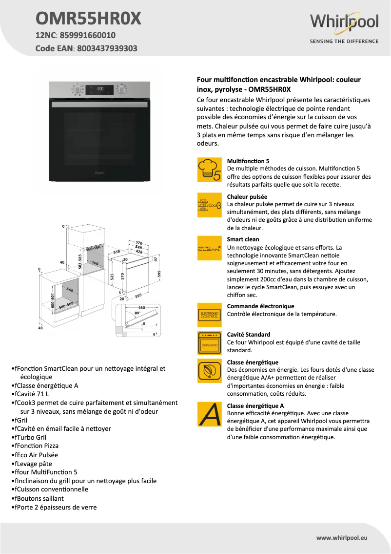 Page 1 de la notice Fiche technique Whirlpool OMR55HR0X