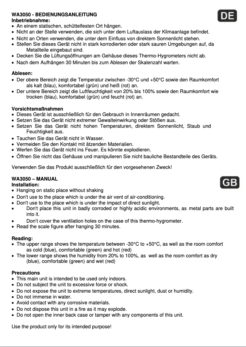 Page 1 de la notice Manuel utilisateur Techno Line WA 3050