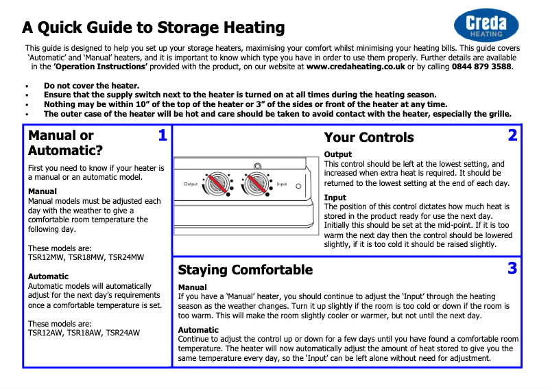 Page 1 de la notice Guide de démarrage rapide Creda TSR18MW