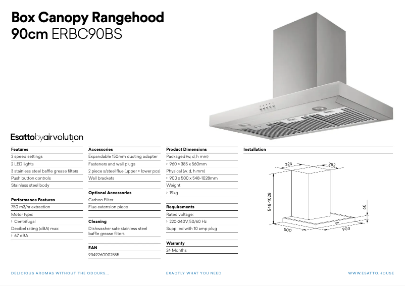 Page 1 de la notice Fiche technique Esatto ERBC90BS