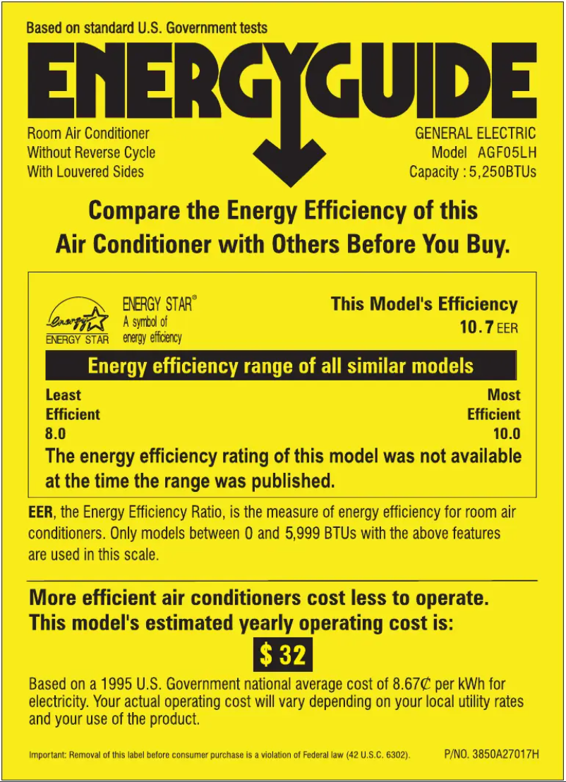Page 1 de la notice Label énergétique GE AGF05LH