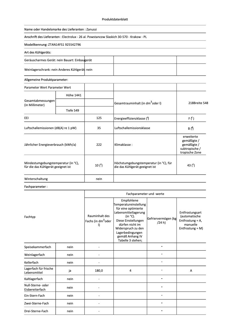 Page n°1 - Fiche technique Zanussi ZTAN14FS1