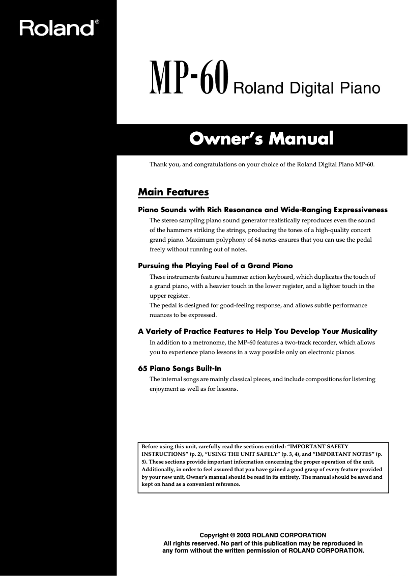 Page n°1 - Manuel utilisateur Roland MP-60