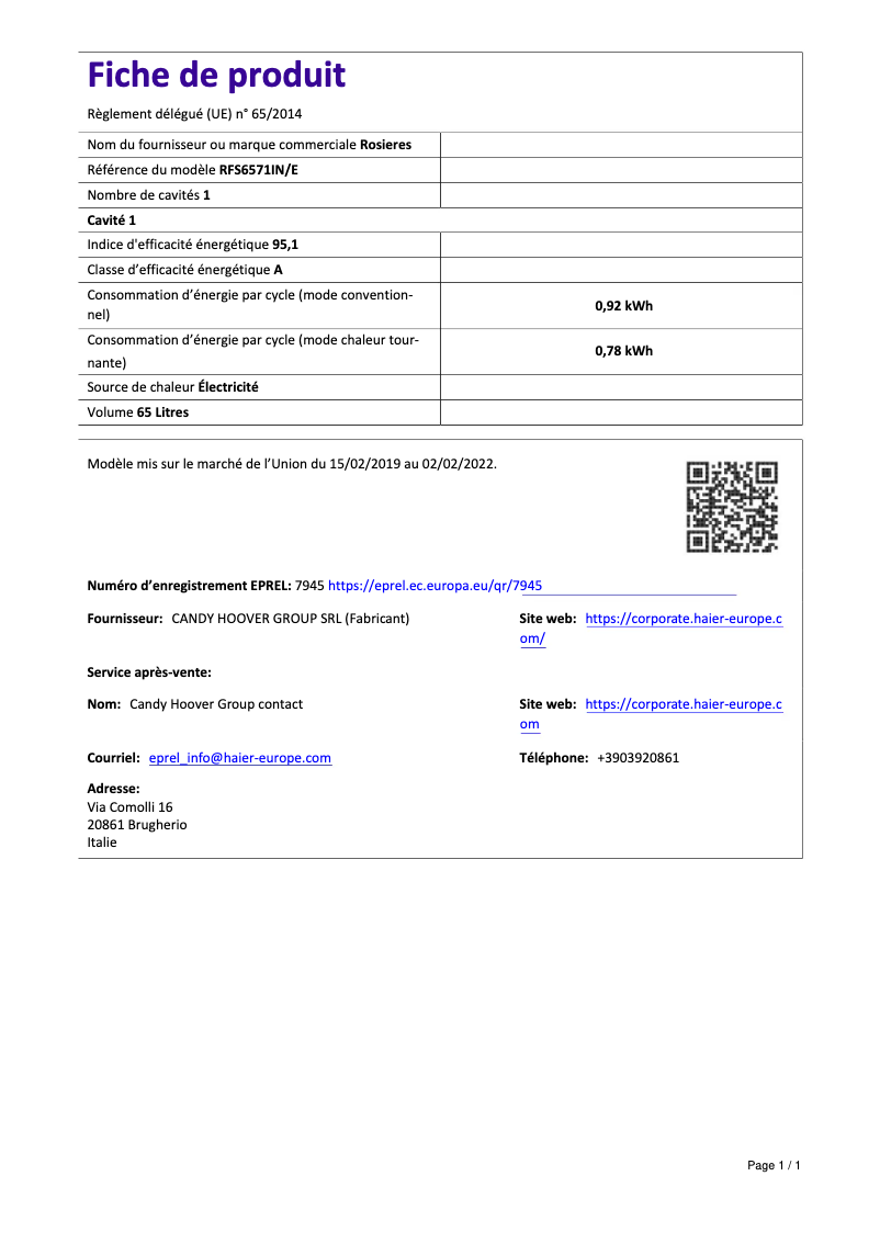 Page n°1 - Fiche technique Rosieres RFS 6571 IN/E