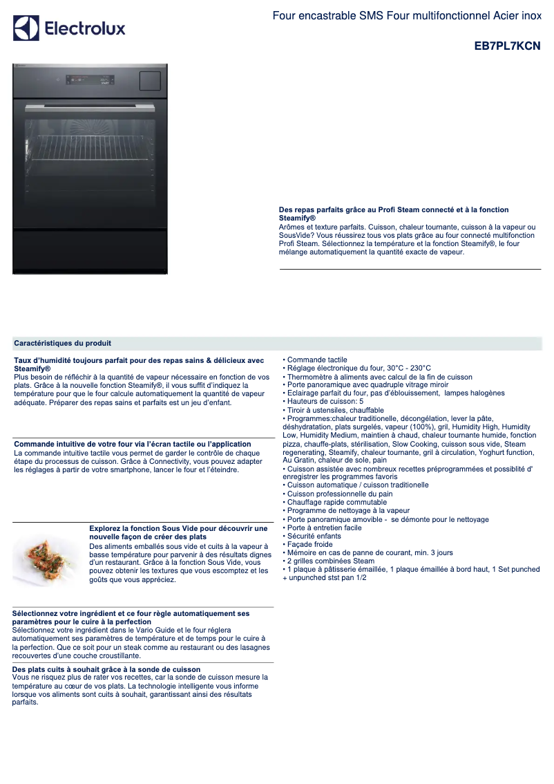 Page 1 de la notice Fiche technique Electrolux EB7PL7KCN
