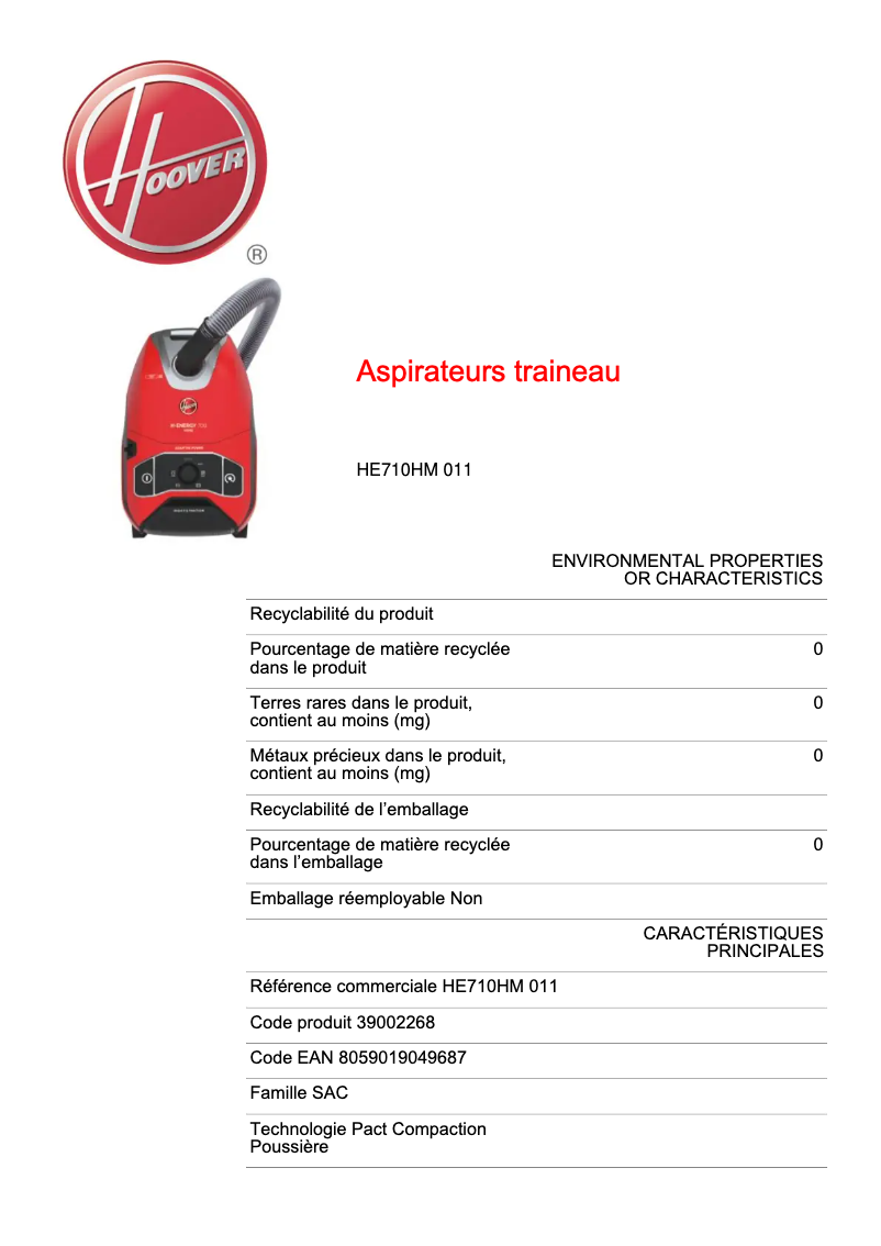 Page n°1 - Fiche technique Hoover H-ENERGY 700 HE710HM 011
