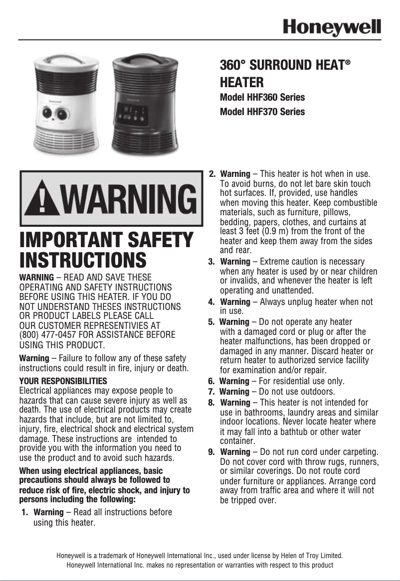 Page 1 de la notice Manuel utilisateur Honeywell HWLHHF360VV2