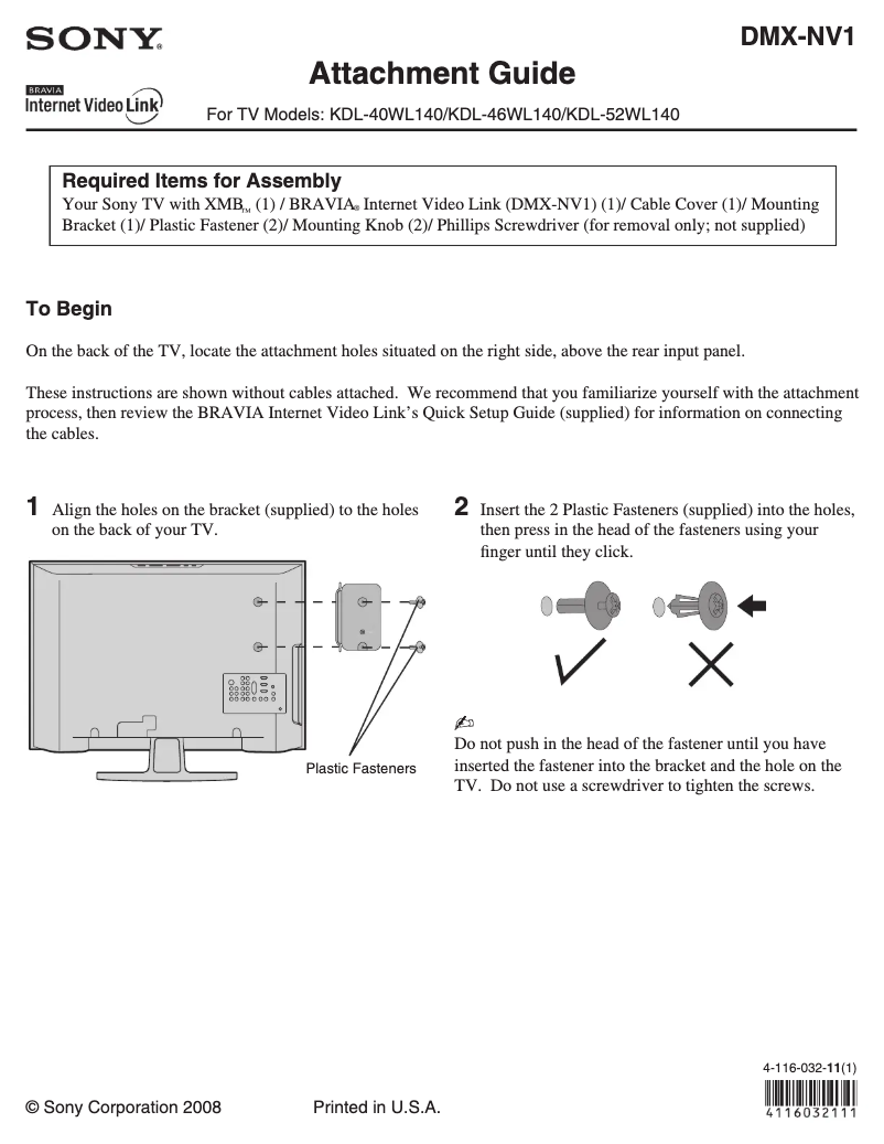 Page n°1 - Guide d'installation Sony Bravia KDL-40WL140