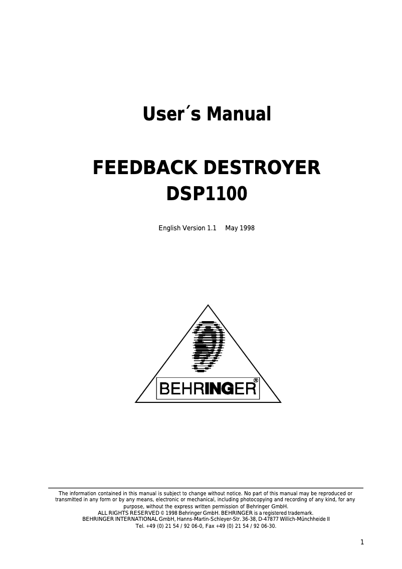 Página 1 del manual Manual de usuario Behringer Feedback Destroyer DSP1100