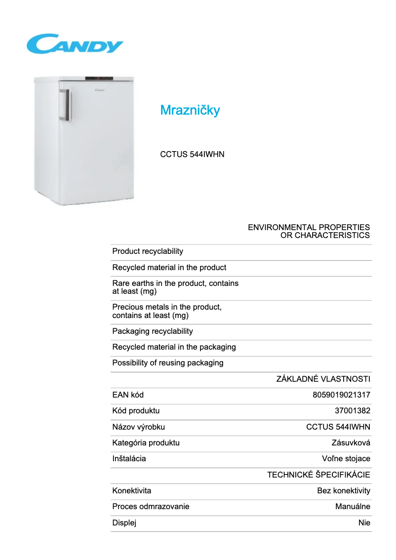 Page 1 de la notice Fiche technique Candy CCTUS 544IWHN