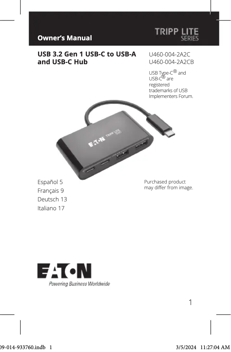 Page 1 de la notice Manuel utilisateur Tripp Lite U460-004-2A2C