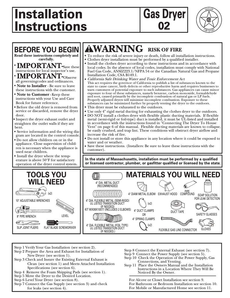 Page n°1 - Guide d'installation GE DCCD330GGWC