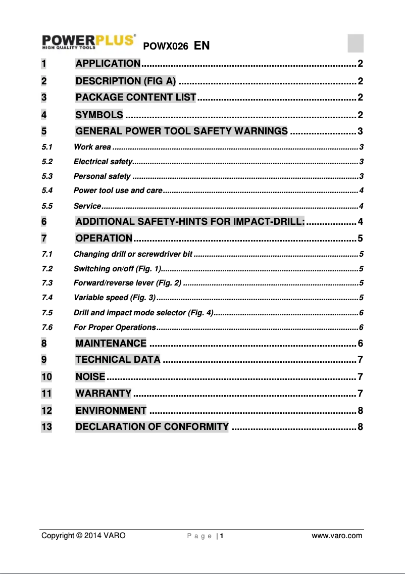 Page n°1 - Manuel utilisateur PowerPlus POWX026
