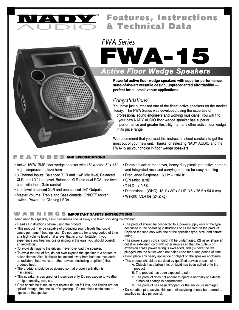 Page n°1 - Manuel utilisateur Nady Systems FWA-15