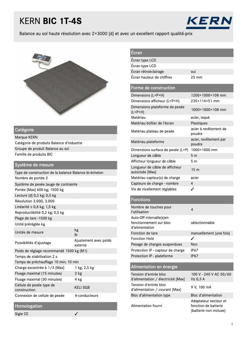 Page n°1 - Fiche technique Kern BIC 1T-4S