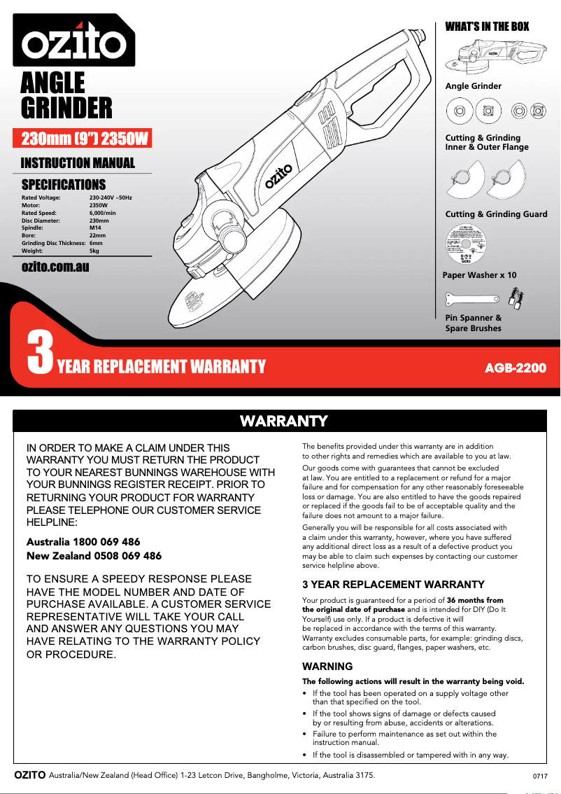 Page 1 de la notice Manuel utilisateur Ozito AGB-2200
