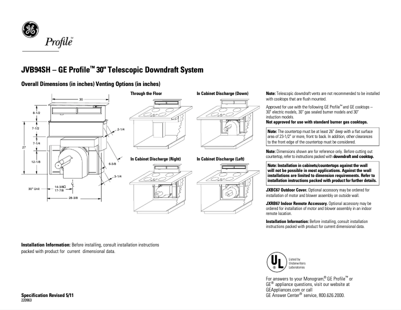 Página 1 del manual Ficha técnica GE Profile JVB94SHSS