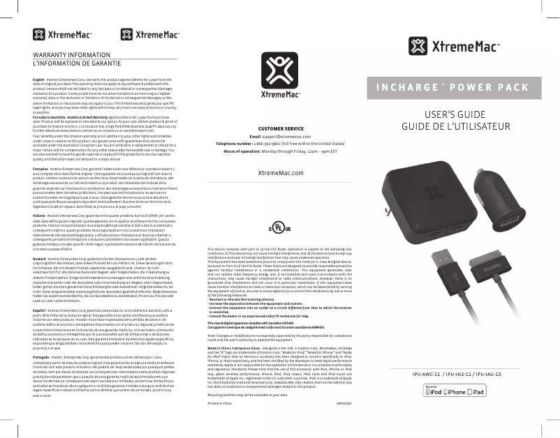 Page 1 de la notice Manuel utilisateur Xtrememac Incharge Power Pack