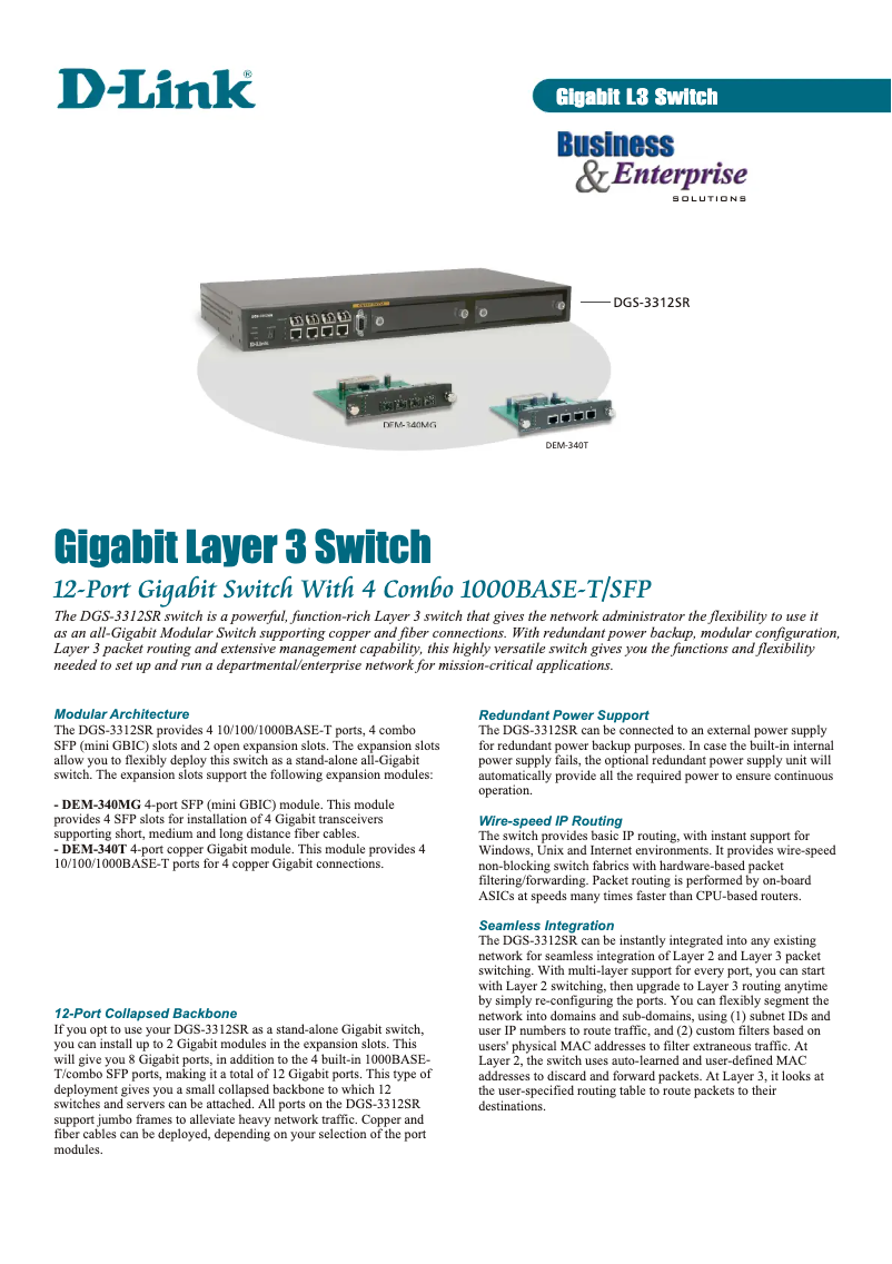 Page 1 de la notice Fiche technique D-Link DGS-3312SR