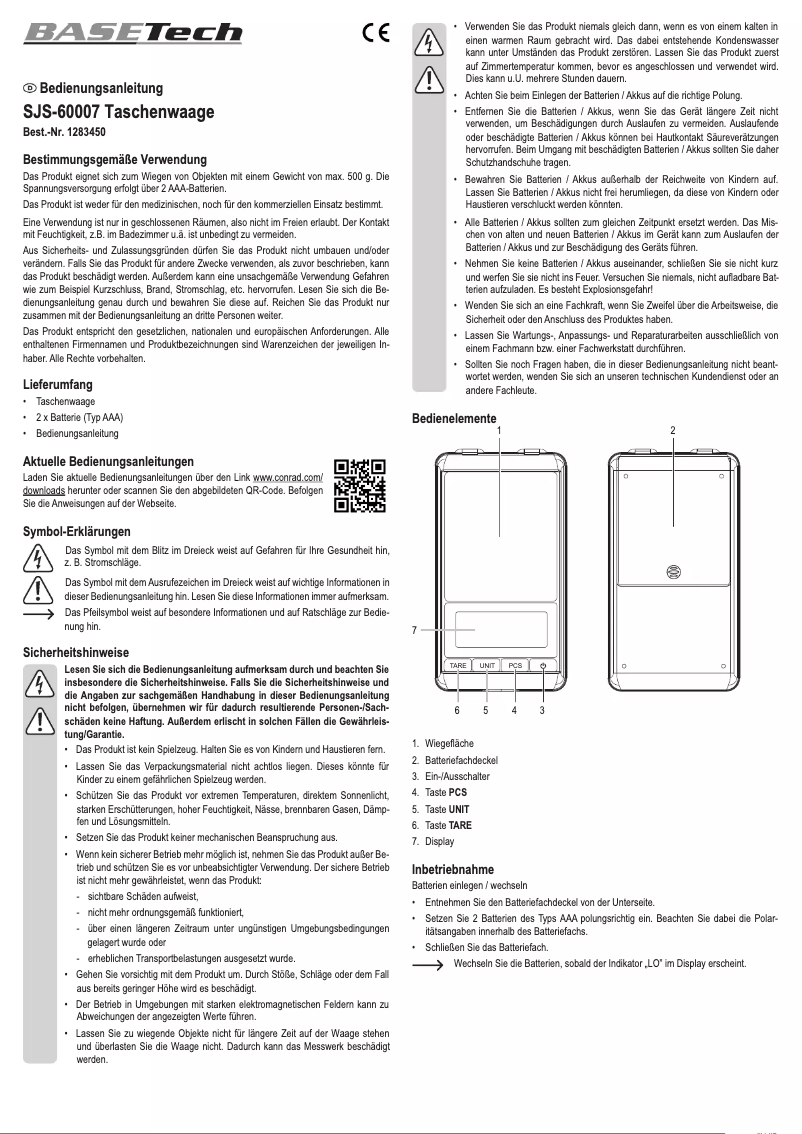 Page n°1 - Manuel utilisateur BaseTech SJS-60007