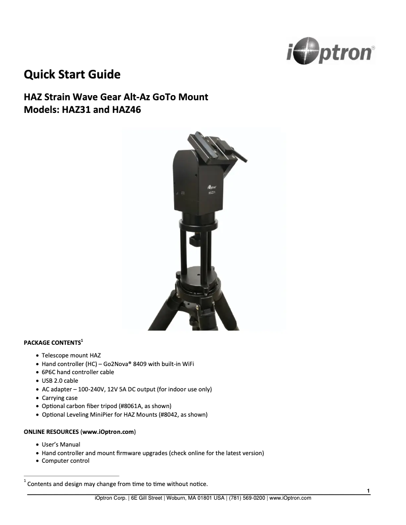 Page n°1 - Guide de démarrage rapide iOptron HAZ31
