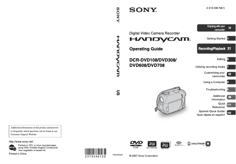 Page n°1 - Manuel utilisateur Sony Handycam DCR-DVD708