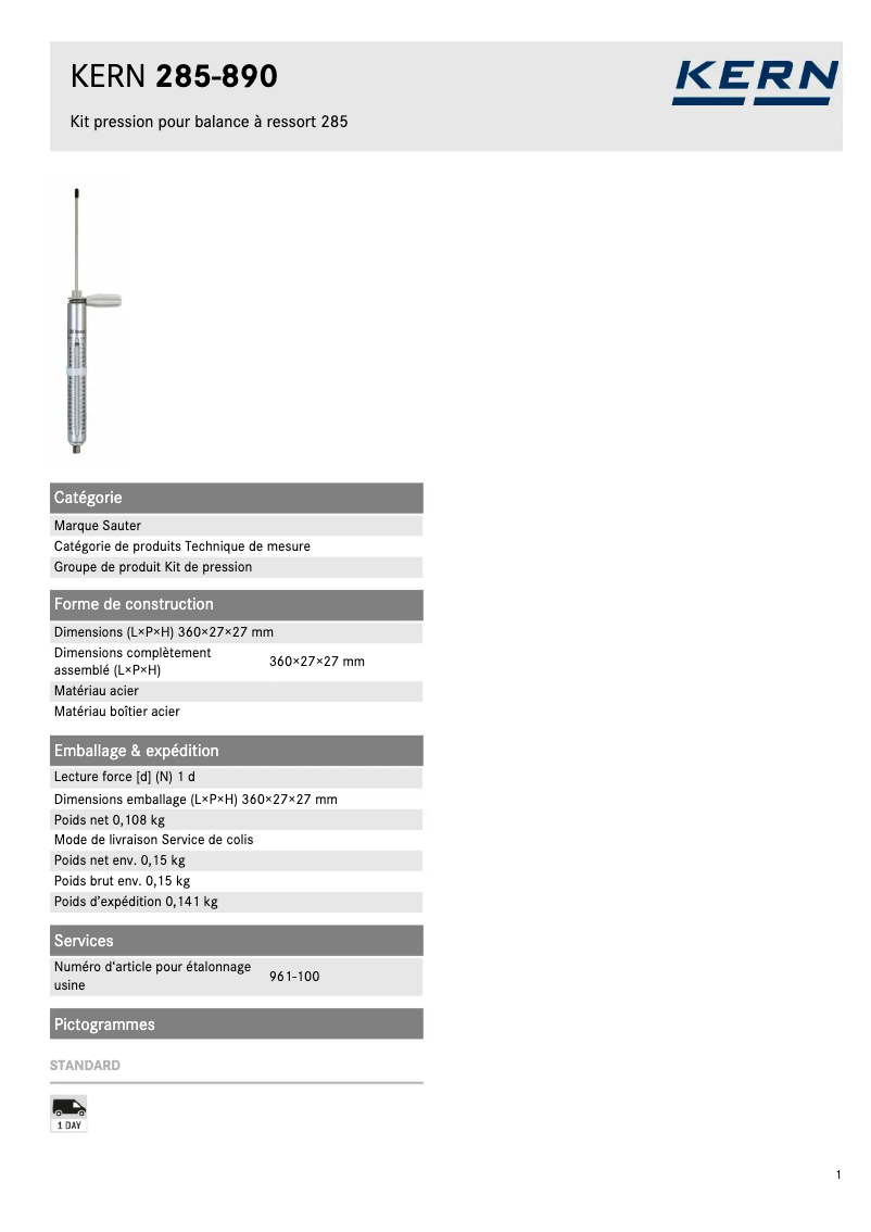 Page 1 de la notice Fiche technique Kern 285-890
