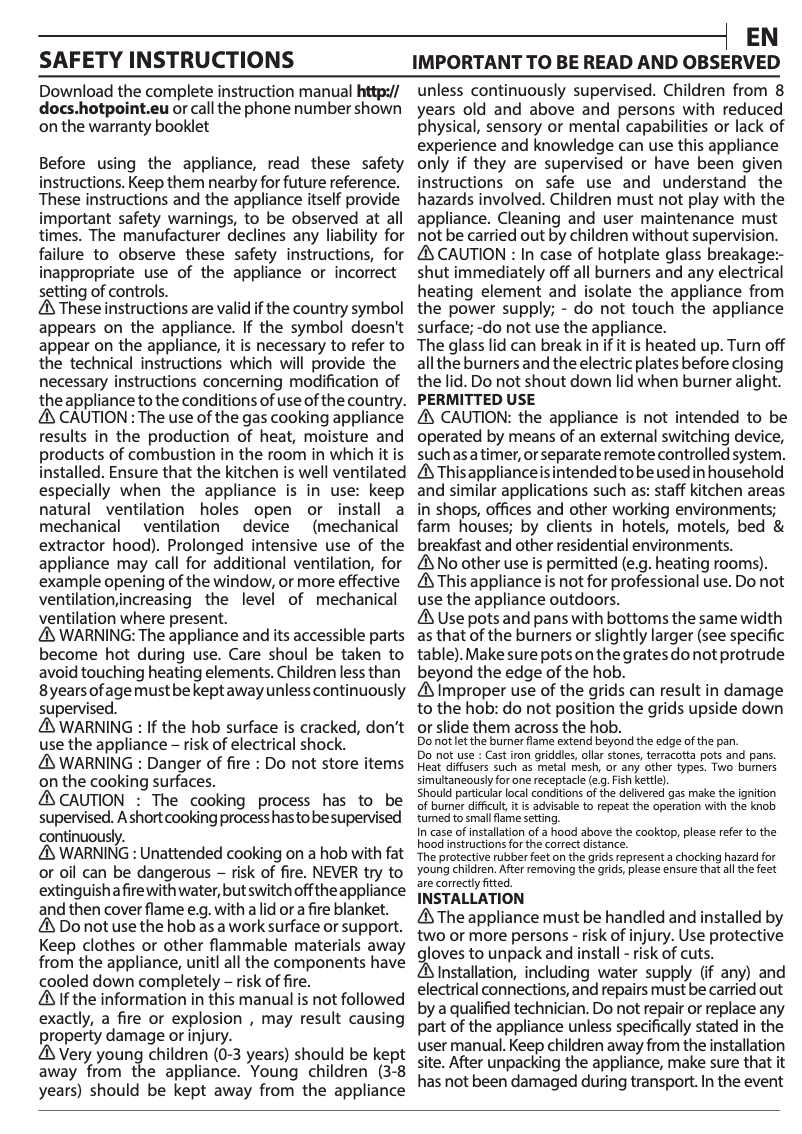 Page 1 de la notice Manuel utilisateur Hotpoint PCN 751 T/IX/H