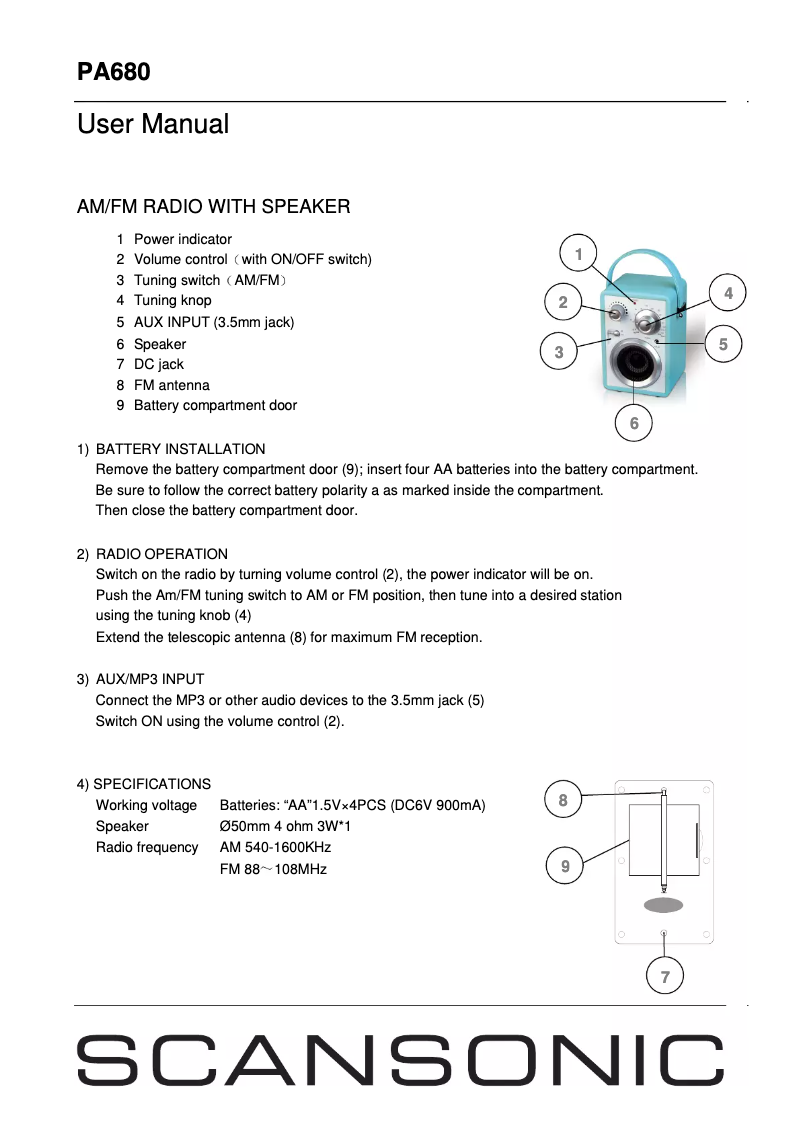 Page 1 de la notice Manuel utilisateur Scansonic PA680