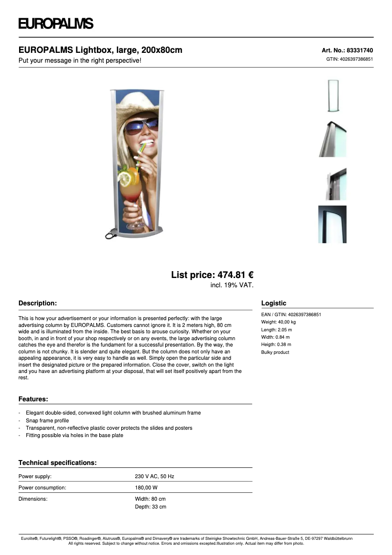 Page 1 de la notice Fiche technique Europalms Lightbox large 200 x 80 cm