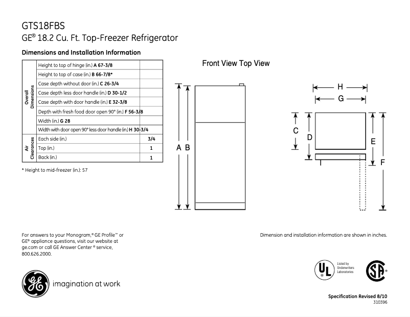 Page 1 de la notice Fiche technique GE GTS18FBSCC
