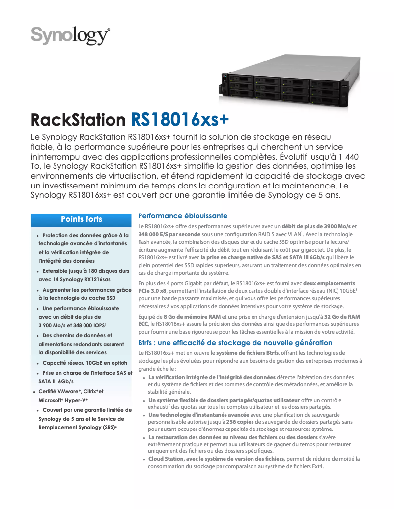 Page 1 de la notice Fiche technique Synology RS18016XS+