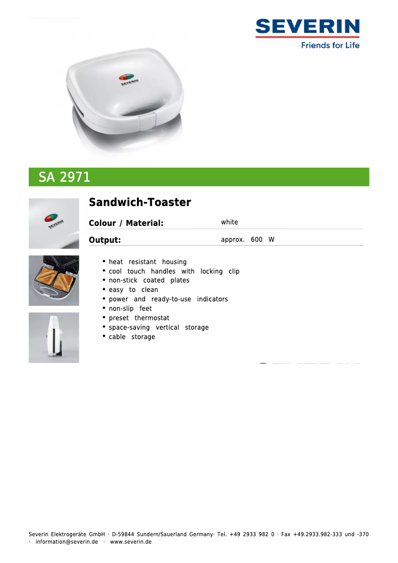 Page 1 de la notice Fiche technique Severin SA 2971
