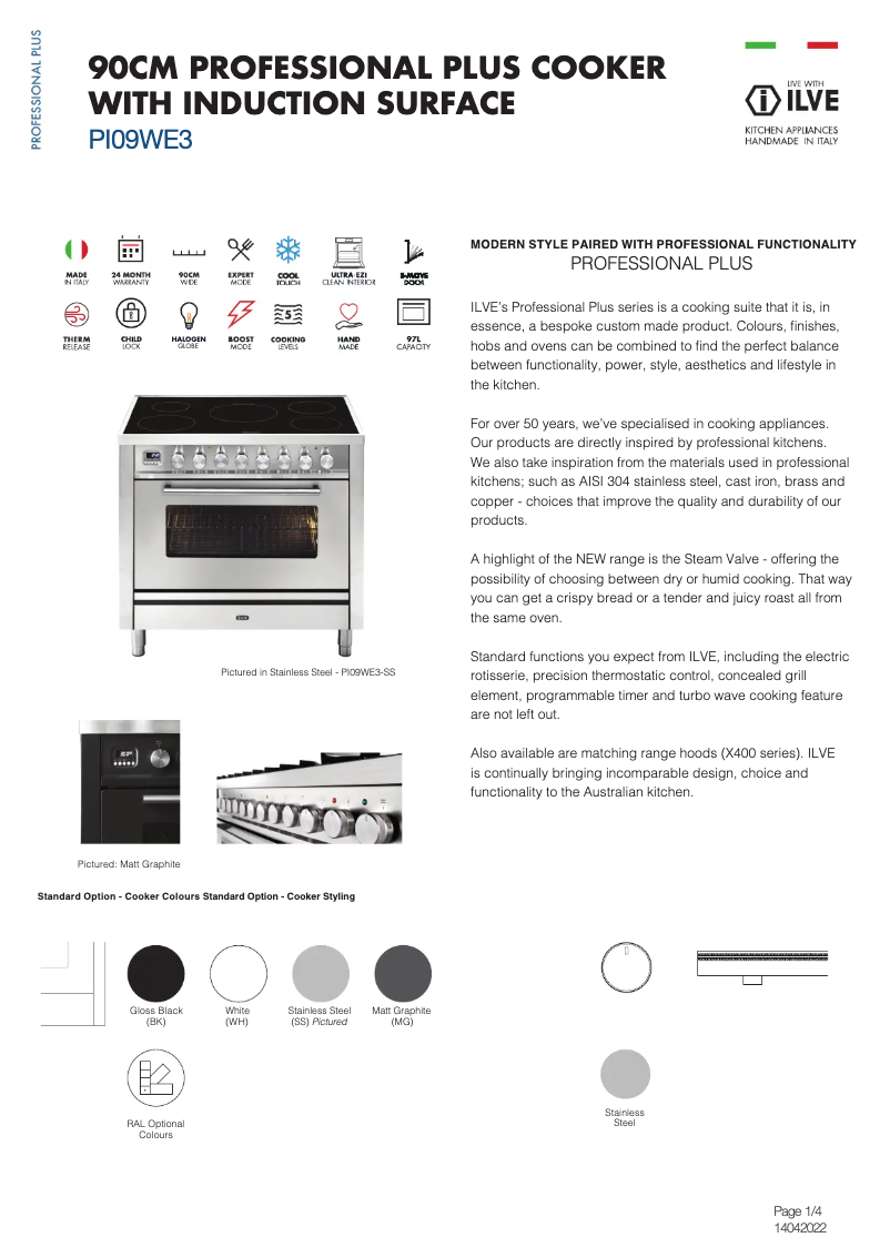 Página 1 del manual Ficha técnica Ilve PI09WE3BK